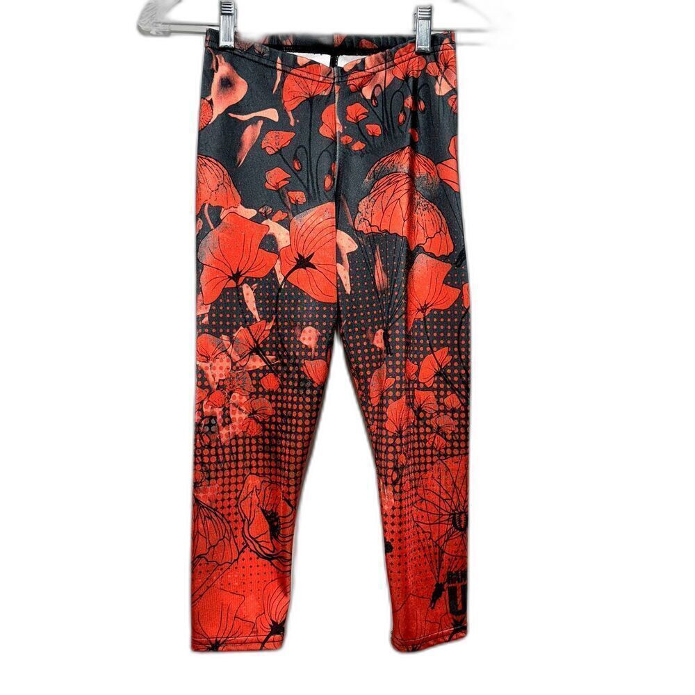 Ranger Up Leggings Women sz Small Red Floral Poppy Crop Length Compression Pants